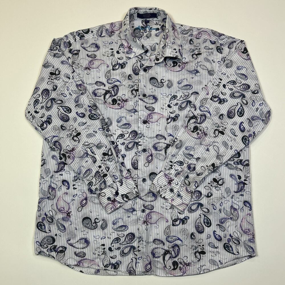 Allen Flusser Button Shirt Mens Large Paisley Pinstripe Purple White